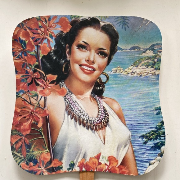 Buffalo Exchange Vintage Hawaii Pin Up Girl Promotional Paper Hand Fan Ephemera - Picture 1 of 10